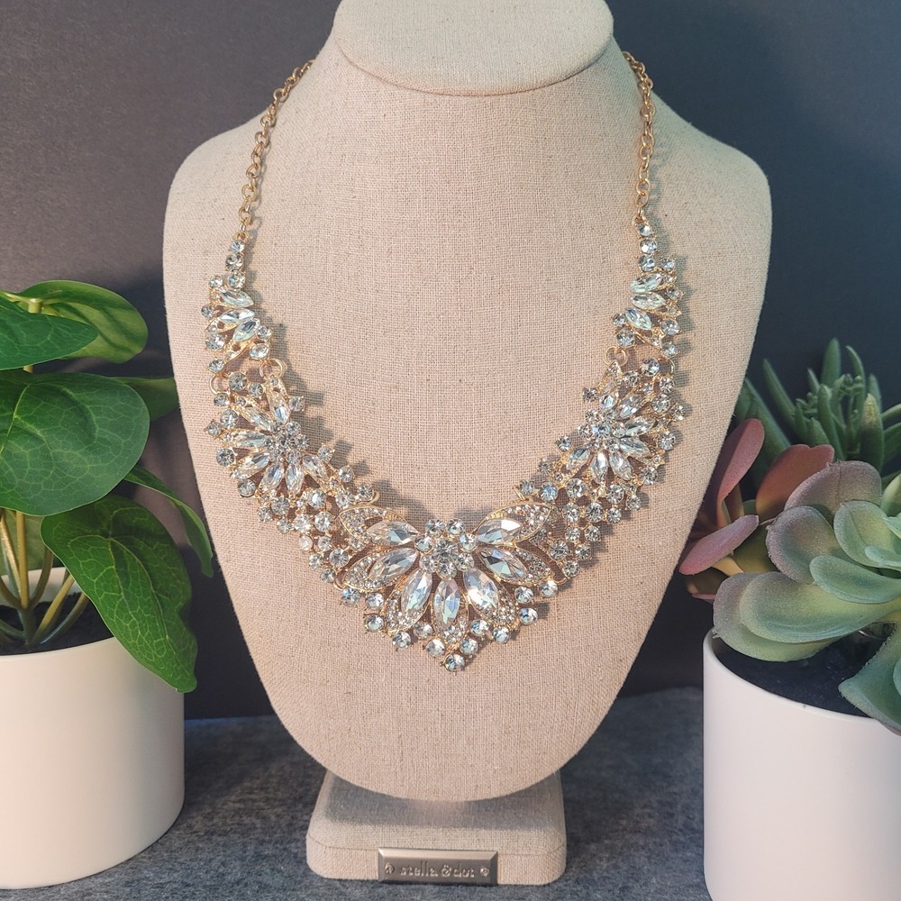 Gold Tone Glass Rhinestone Floral Bib Statement Necklace 18in Hollywood Glamour